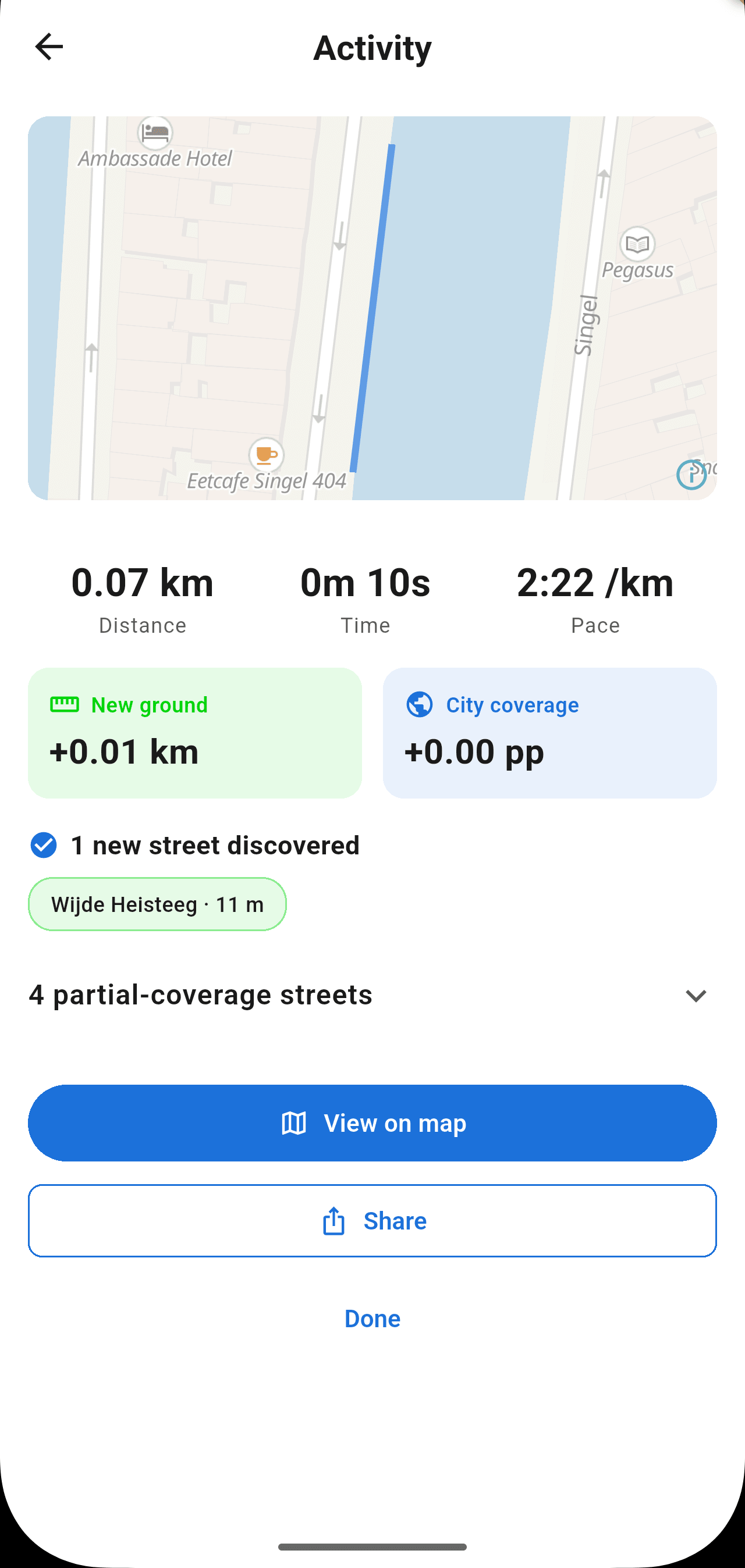 StreetVenture activity summary showing distance, XP earned, and streets covered after a walk