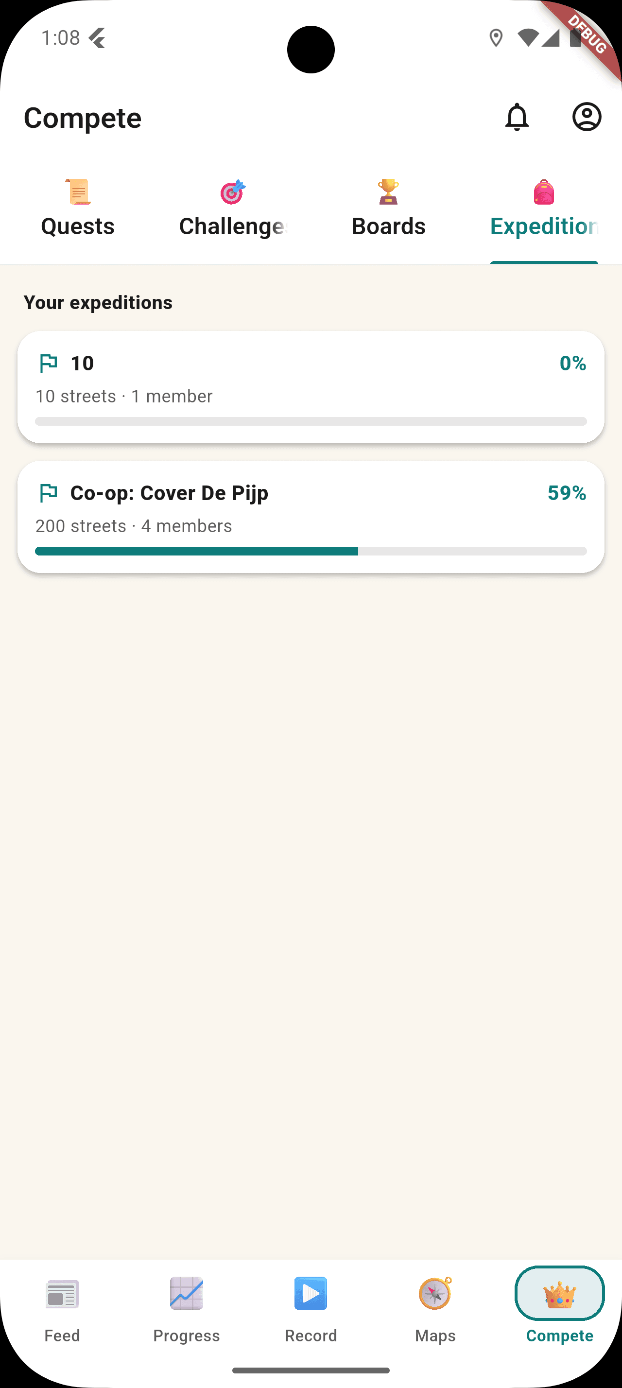 StreetVenture Expeditions tab showing 'Your expeditions': a 10-street solo expedition at 0%, and a 'Co-op: Cover De Pijp' expedition with 4 members at 59% completion.