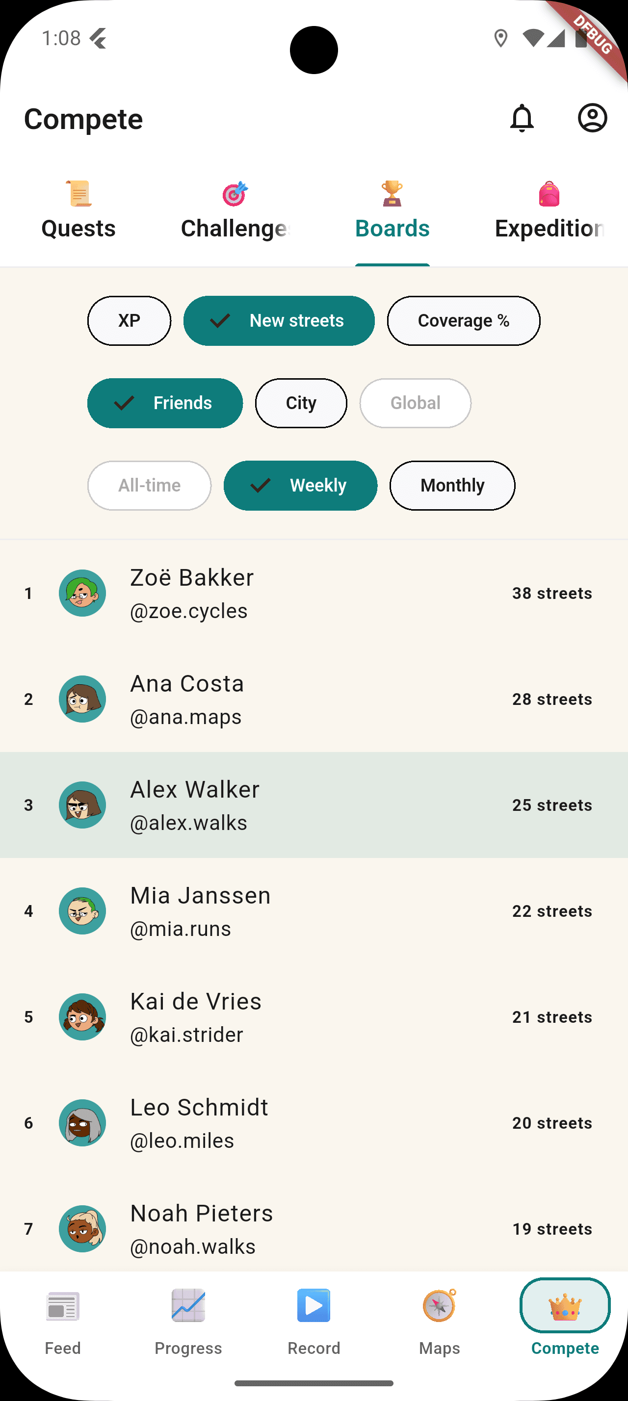 StreetVenture Leaderboards tab with scope toggles (Friends / City / Global), window toggles (All-time / Weekly / Monthly), the metric chip row (XP / New streets / Coverage %), and a ranked list of users with their handle, avatar, and street count.