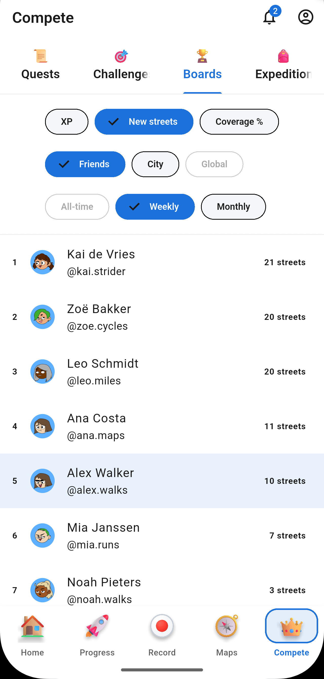StreetVenture Leaderboard view showing rankings and street counts