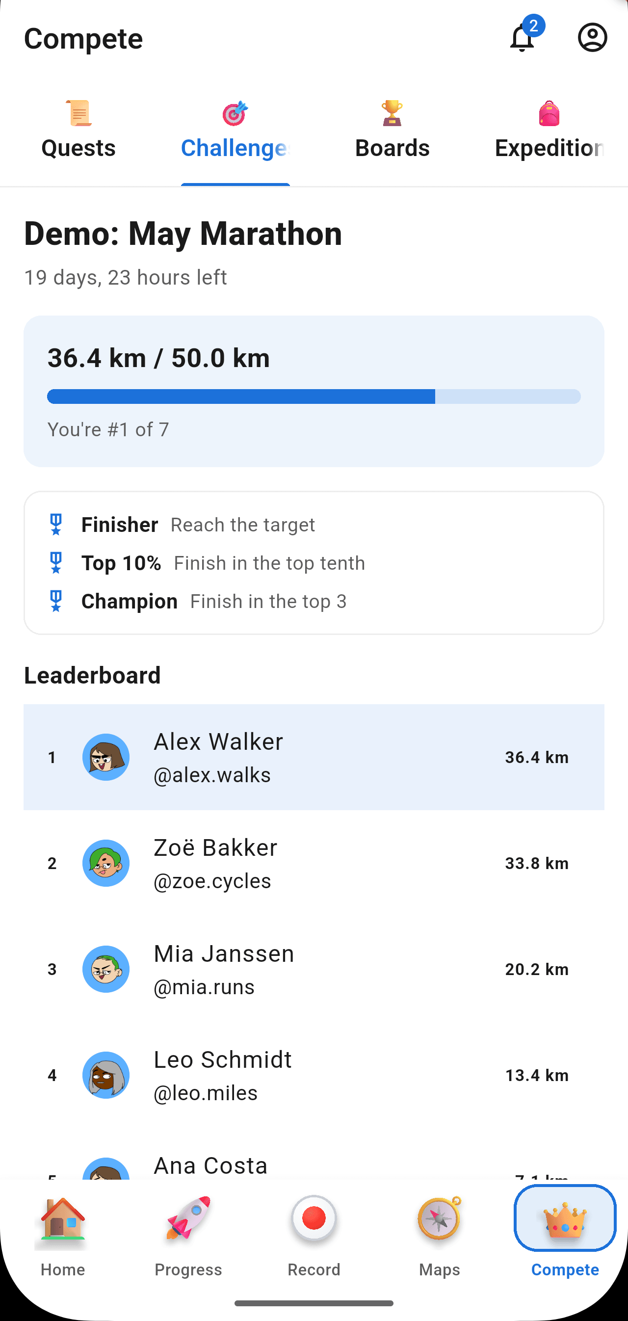 StreetVenture Challenges tab showing May Marathon distance rankings