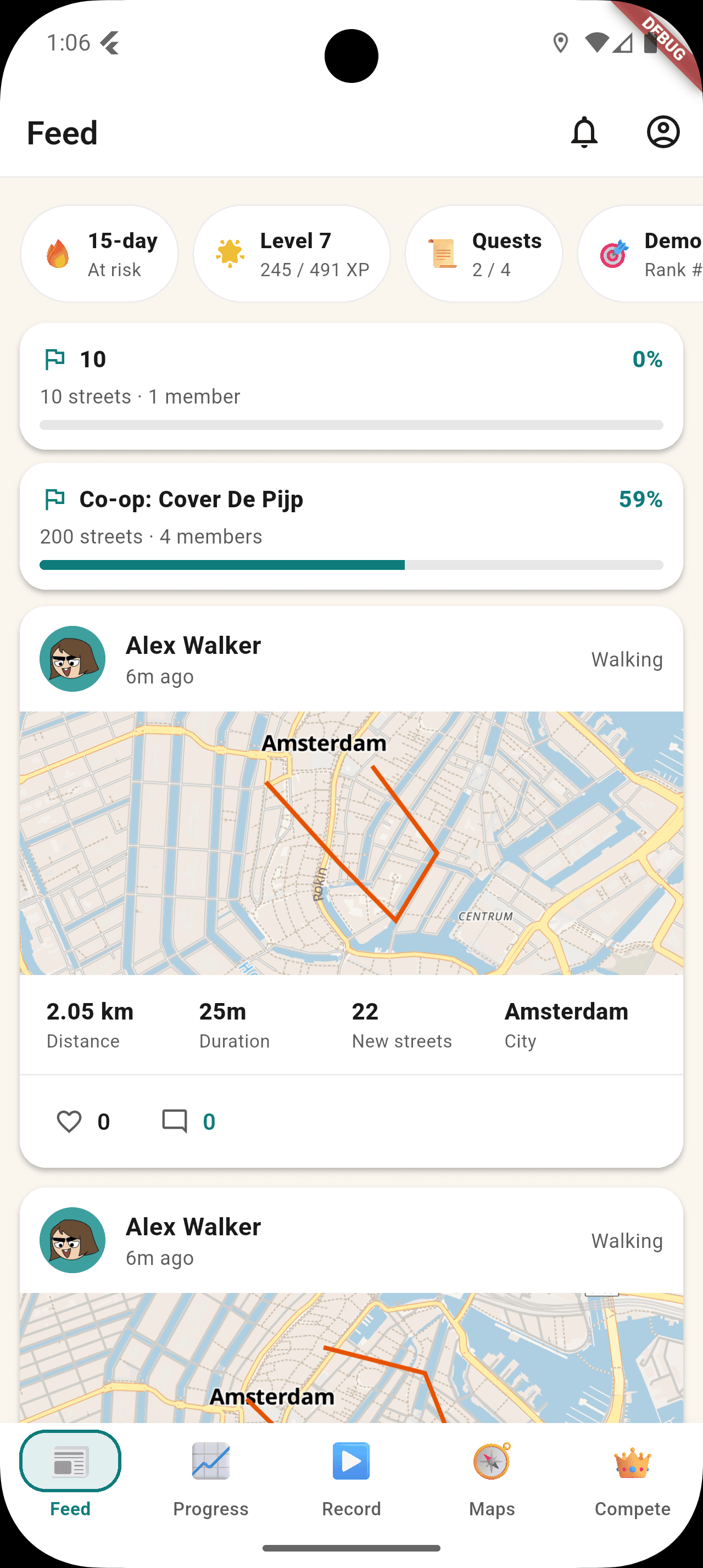StreetVenture Feed tab showing a list of friends' walks with the route they covered, distance, and a small map preview for each activity.