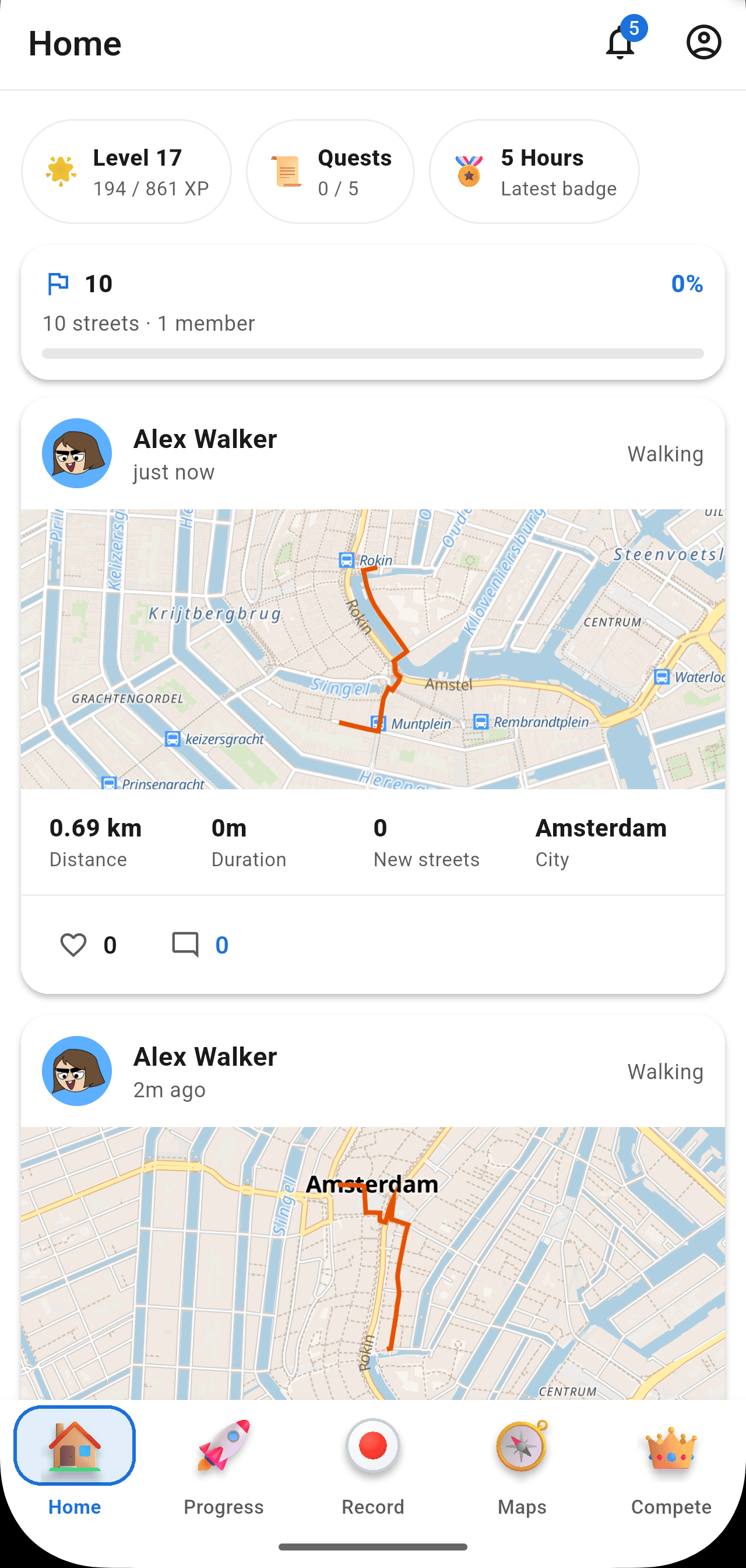 StreetVenture Feed tab showing friends' activities with map routes and stats
