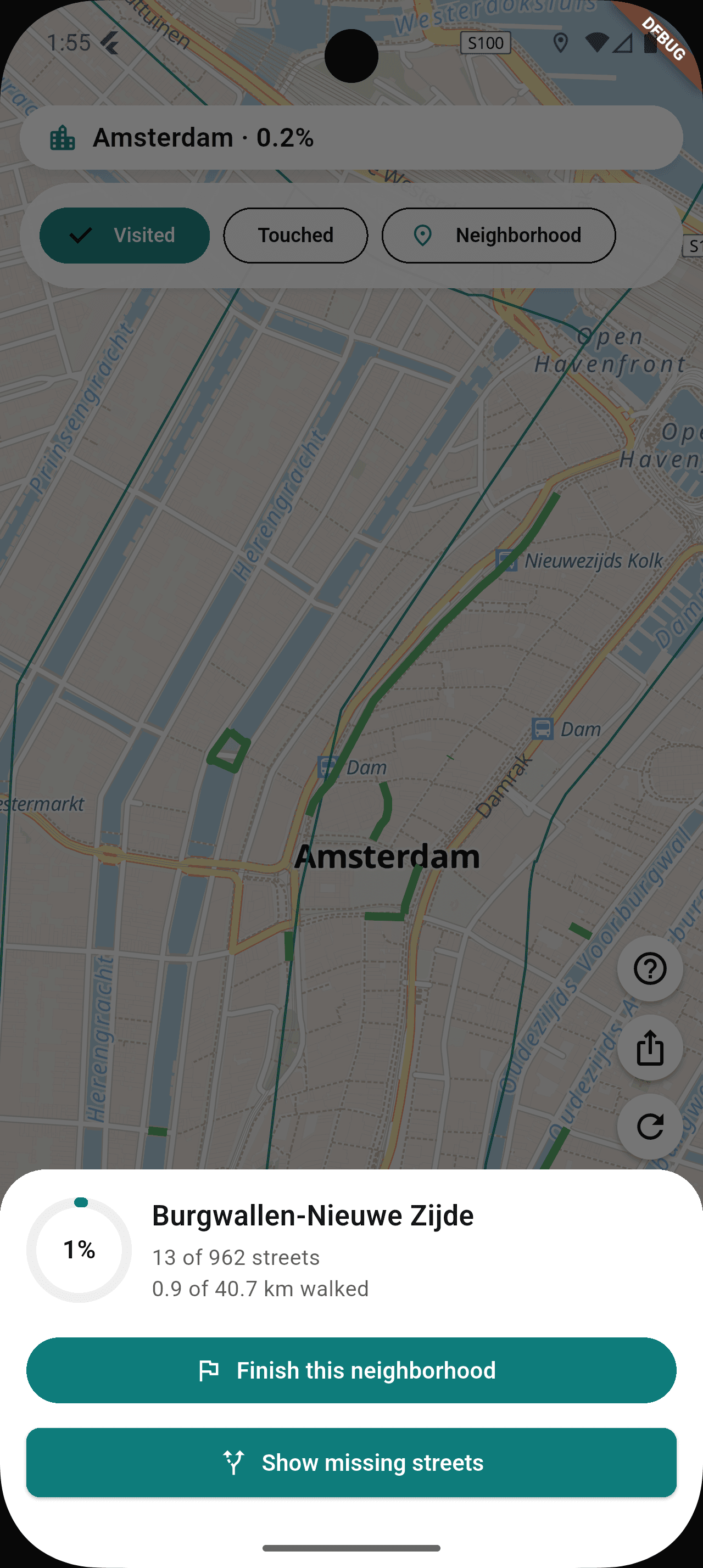 StreetVenture Maps tab showing a recently completed route highlighted in teal over a city map, with newly covered streets distinct from previously visited ones.