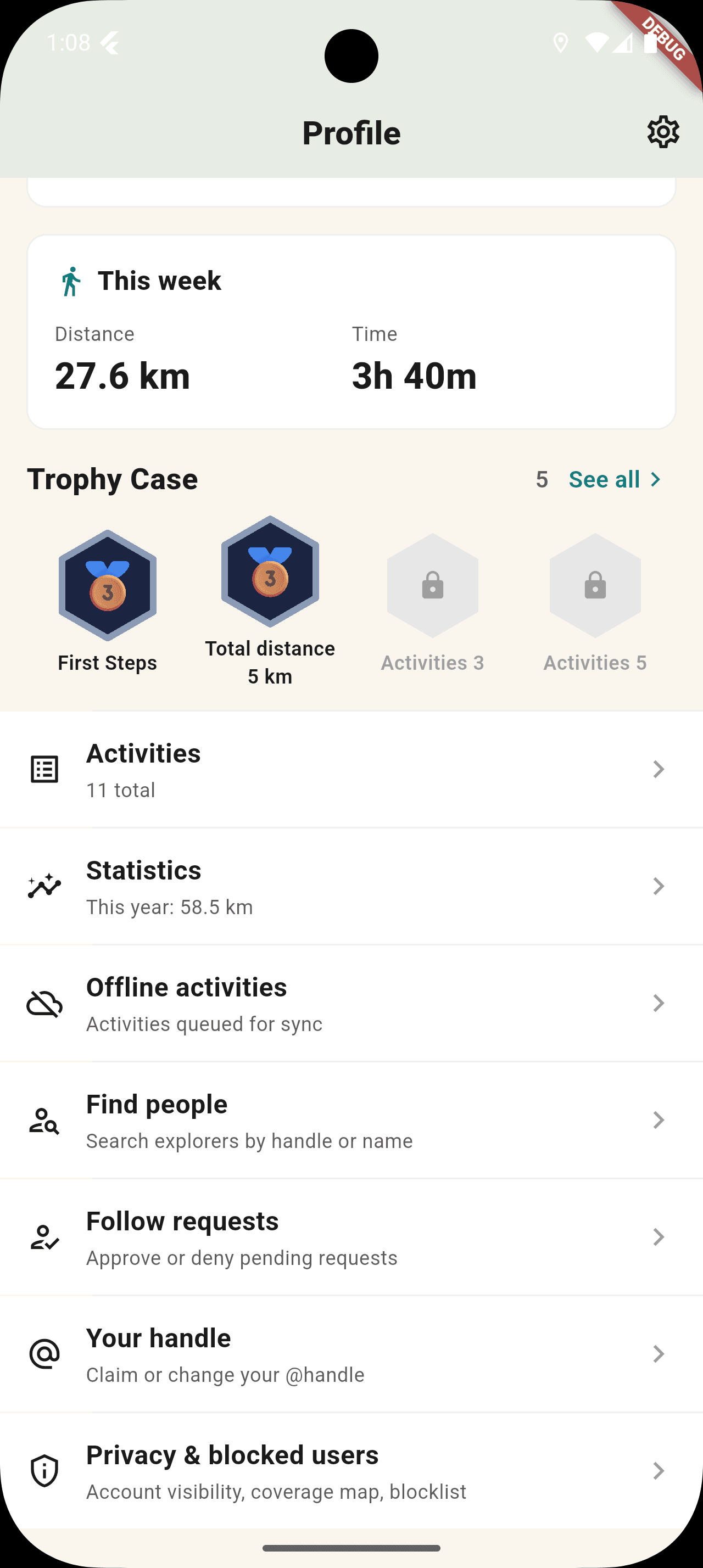 StreetVenture profile screen of a different user showing higher-tier badges and a longer all-time distance, demonstrating the progression range.
