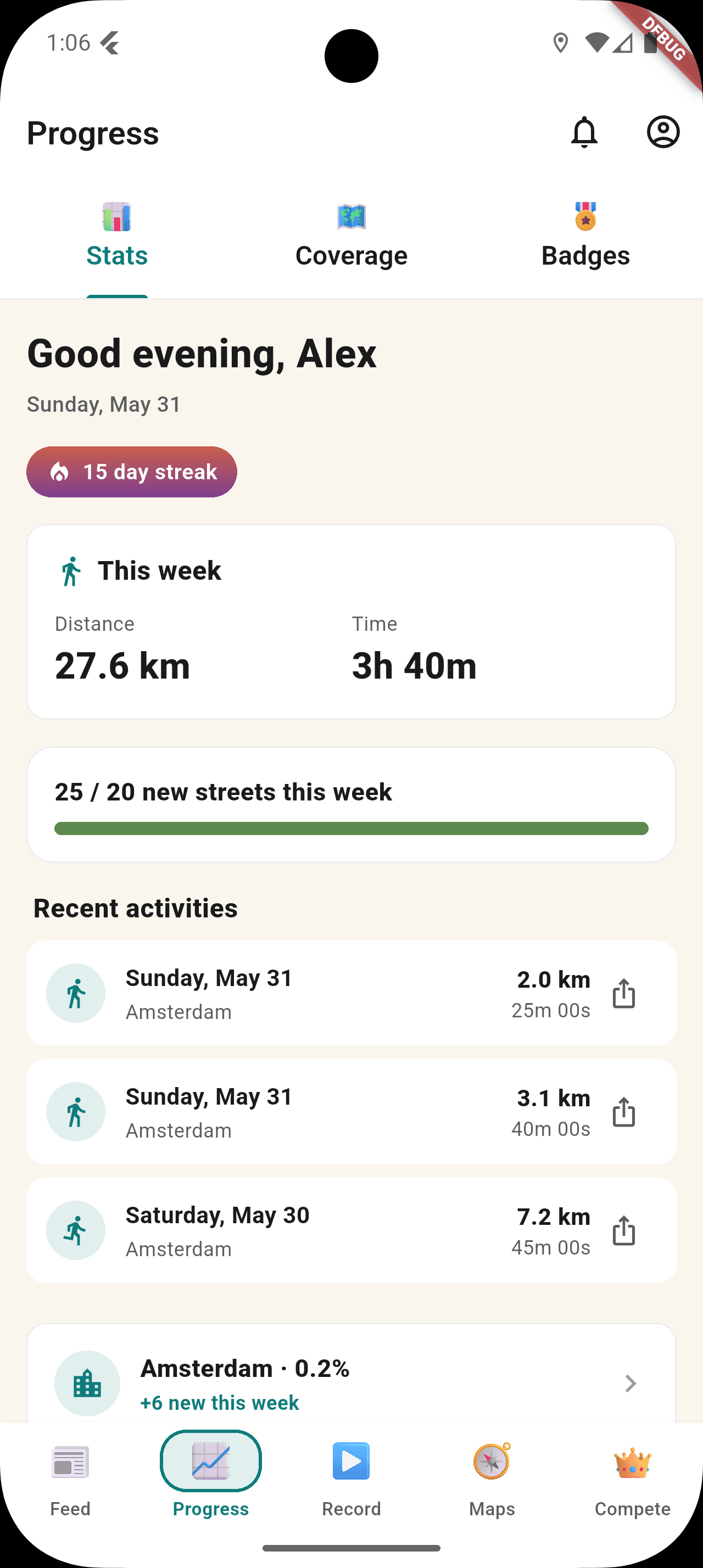 StreetVenture Progress Stats tab showing weekly distance, level, XP toward next level, and an active streak counter.