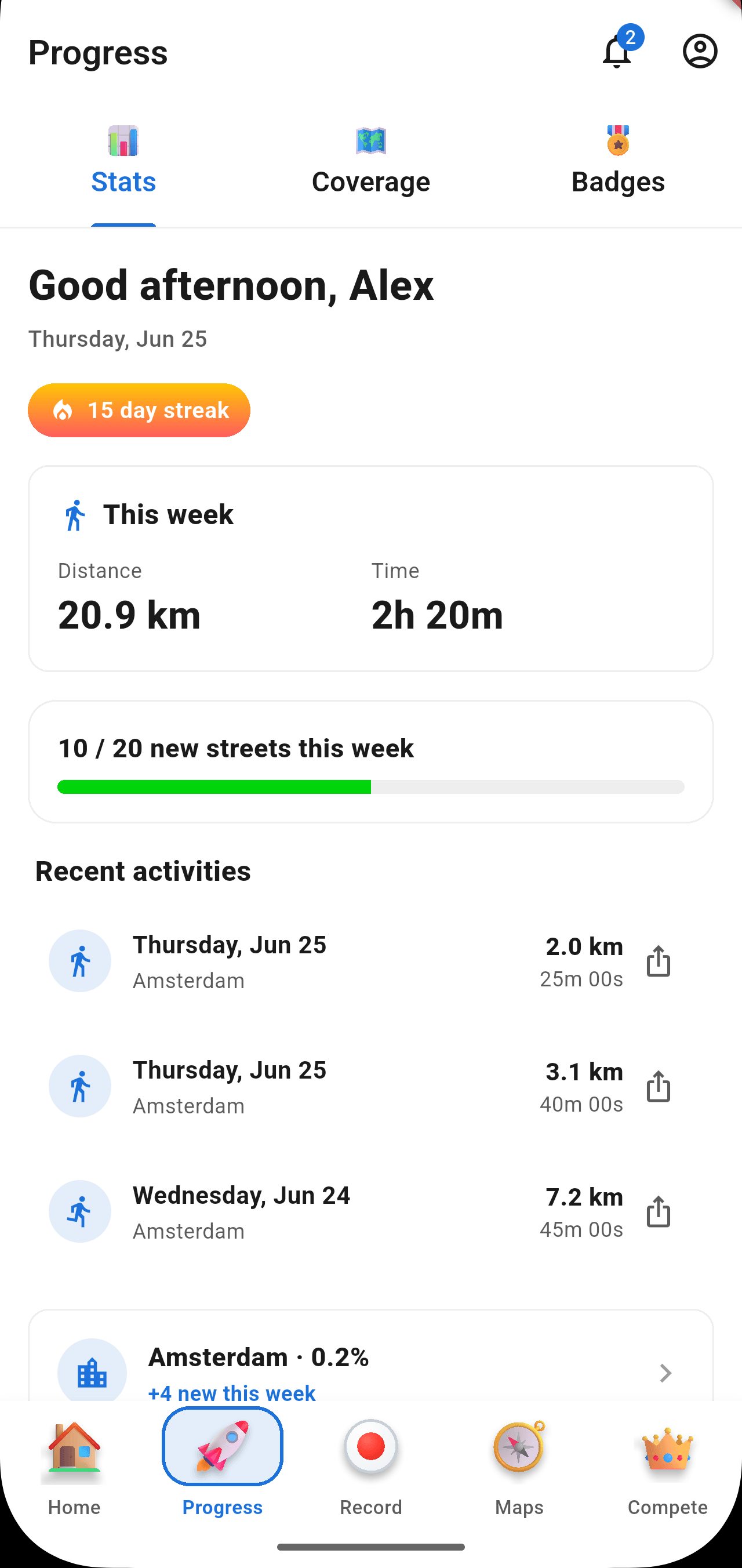 StreetVenture Progress Stats tab showing active streak