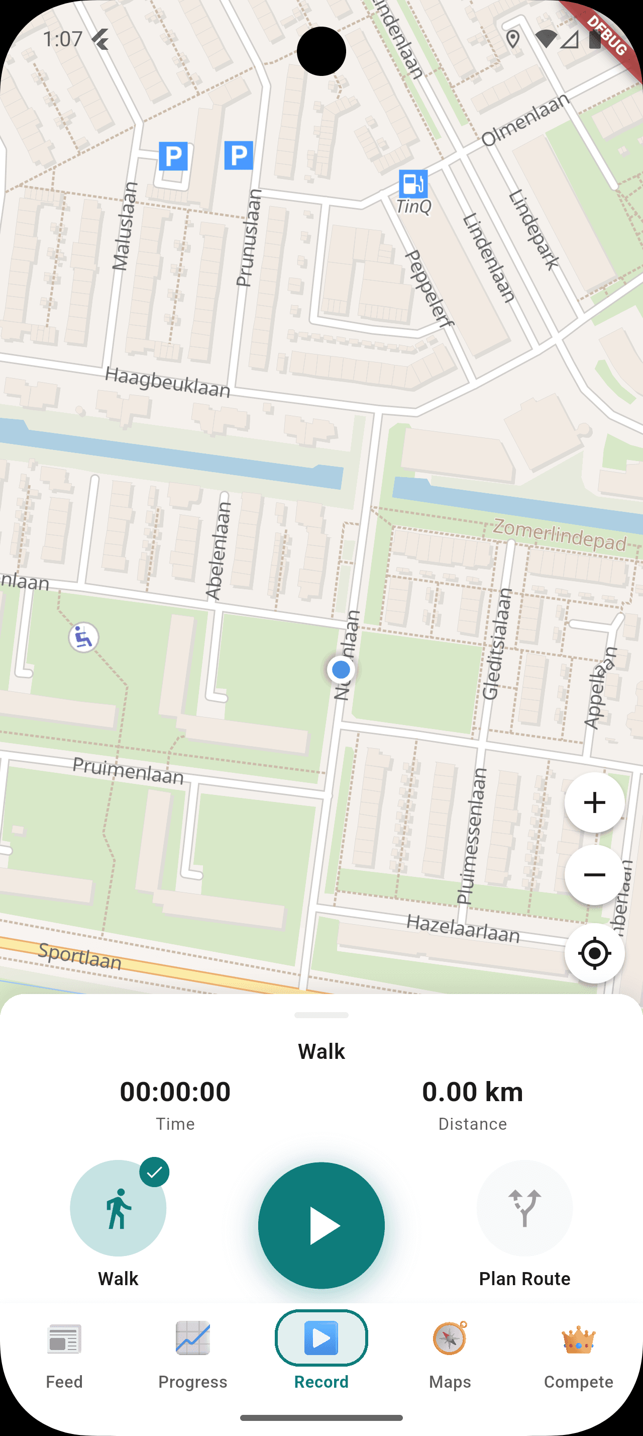 StreetVenture Record screen showing a live walk in progress, with current distance, pace, and a real-time GPS trace of the streets being covered.