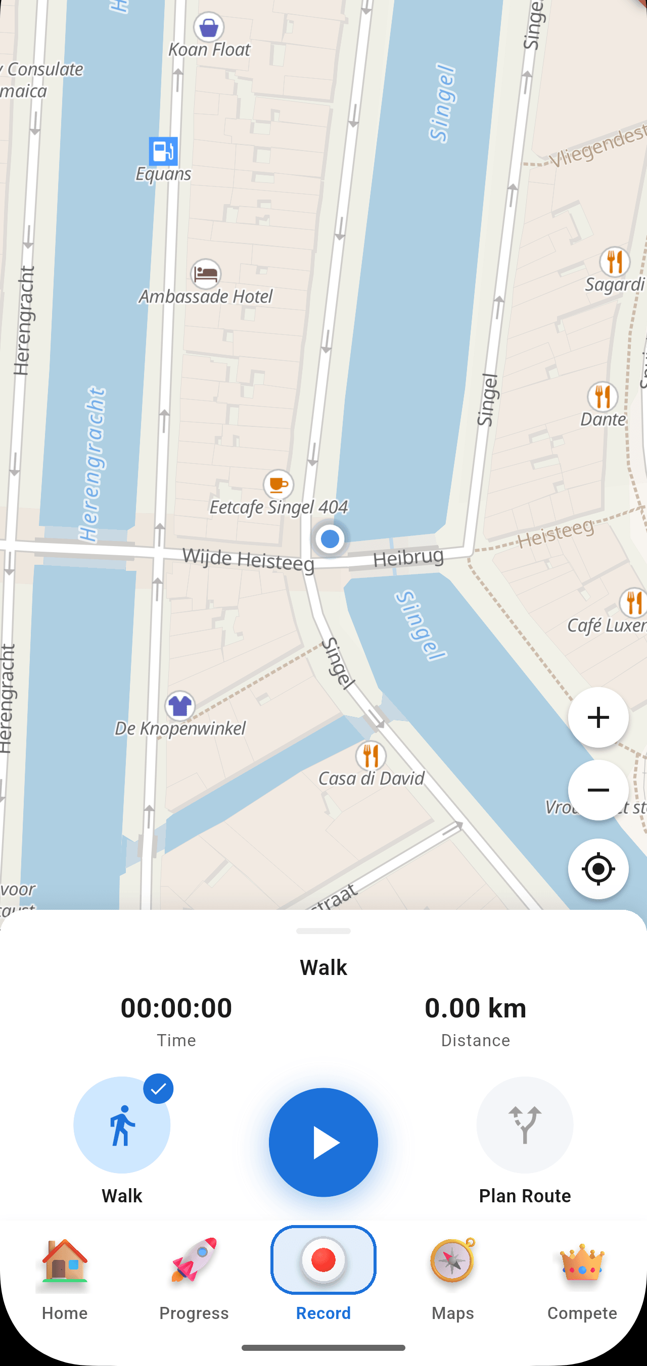 StreetVenture Record screen showing a live walk in progress