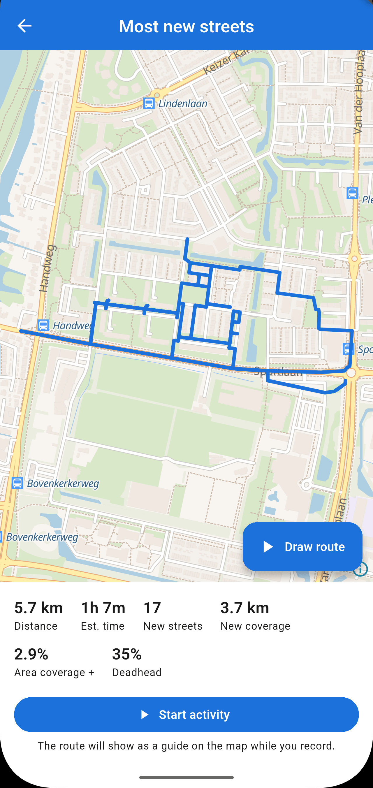 StreetVenture route planner with a route being drawn over the city street grid