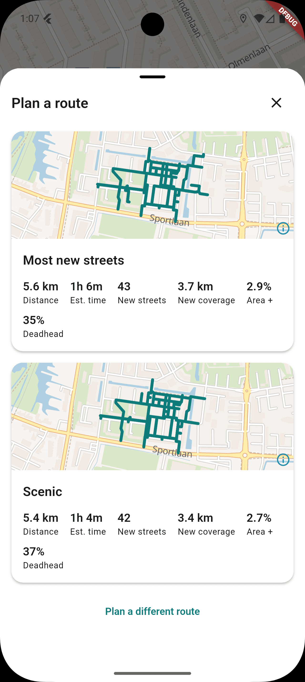 StreetVenture Route Plan preview screen showing the turn-by-turn breakdown of a planned route before the user starts recording.