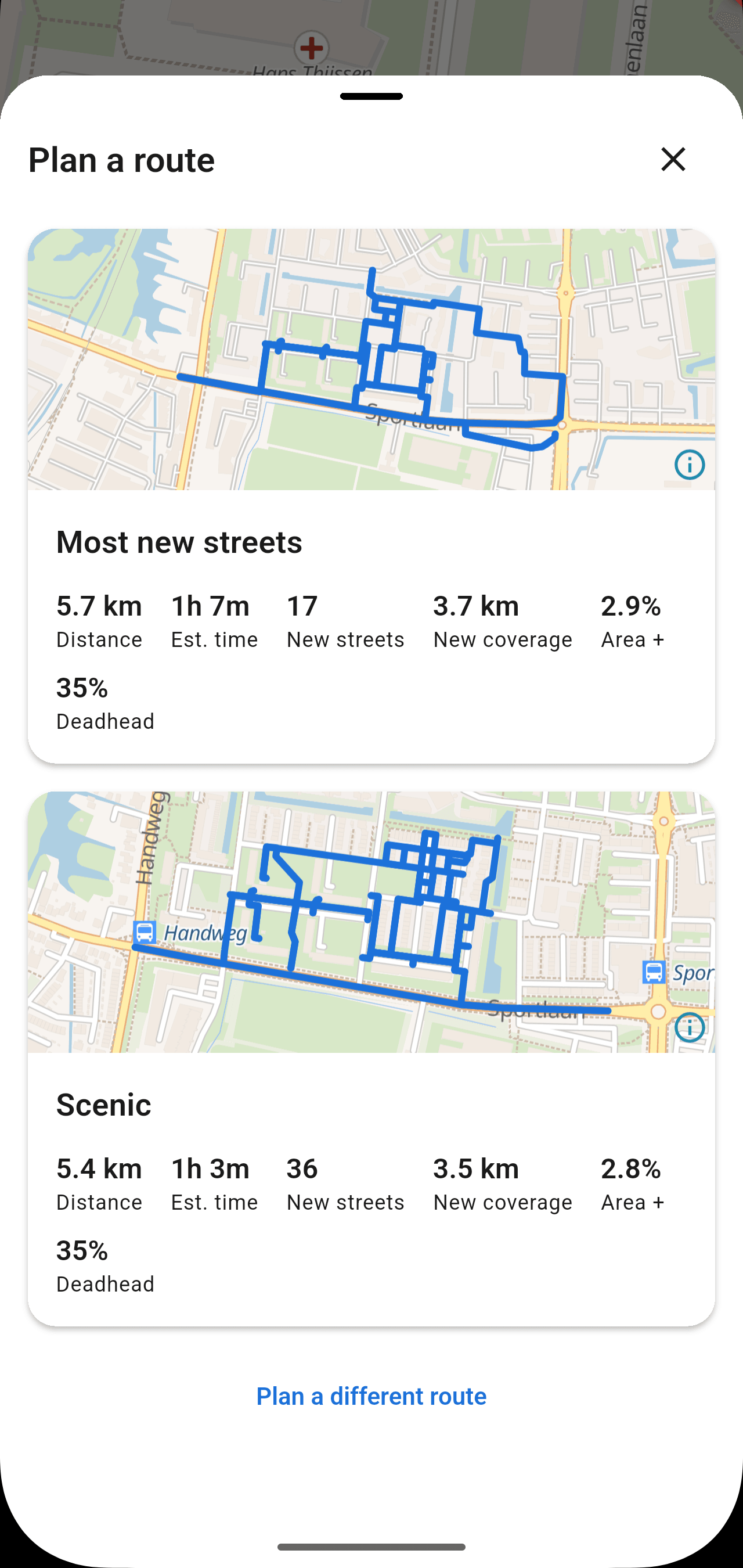 StreetVenture route preview showing the planned distance and a turn-by-turn list